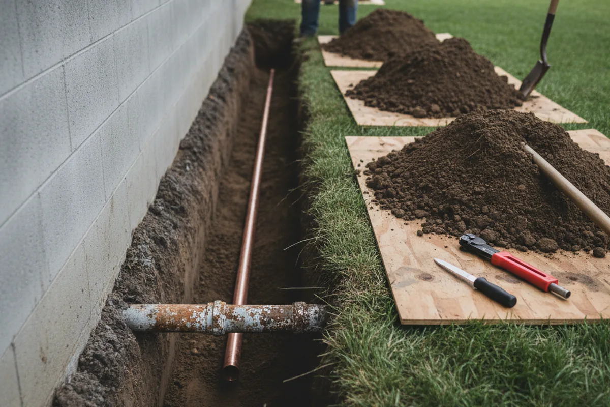 Excavated water line trench during Sewer Line Repair in Schenevus